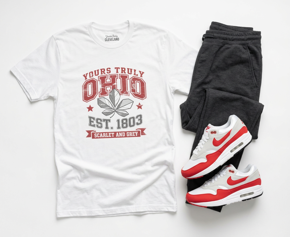Yours Truly Ohio T-Shirt — Scarlet & Grey Retro State Tee