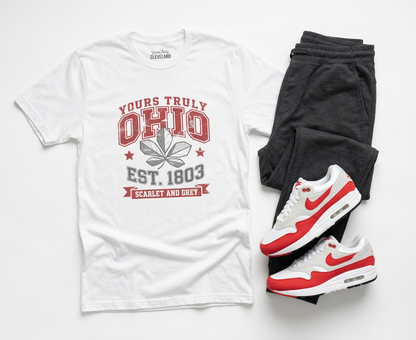 Yours Truly Ohio T-Shirt — Scarlet & Grey Retro State Tee