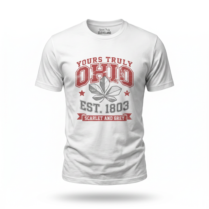Yours Truly Ohio T-Shirt — Scarlet & Grey Retro State Tee